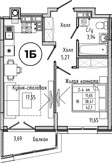 Планировка 1-комнатная 42,1 м²