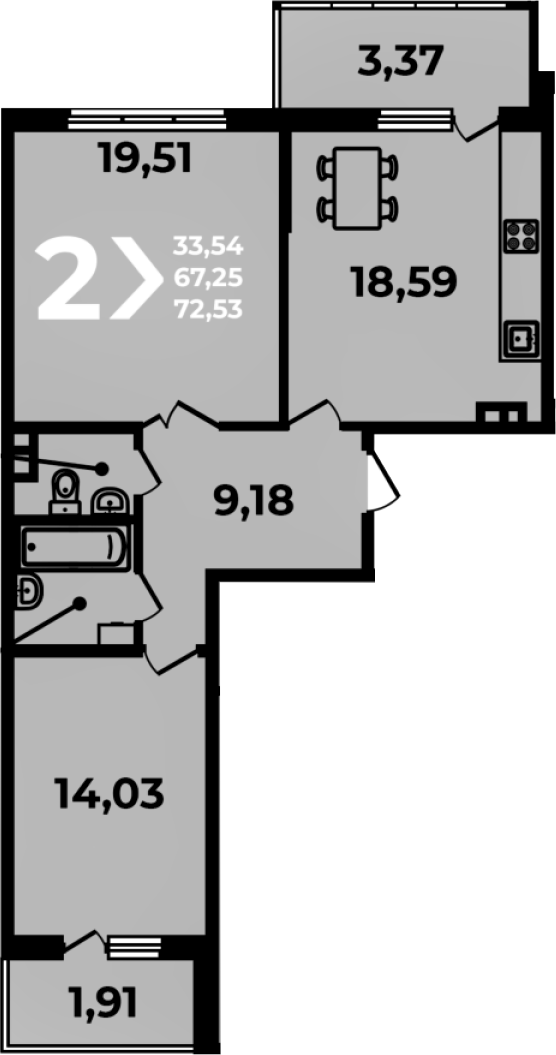 Планировка 3-комнатная 72,53 м²