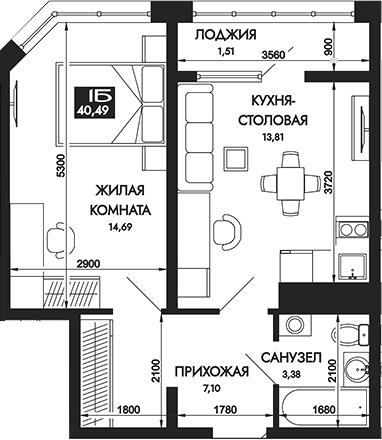 Планировка 1-комнатная 40,49 м²
