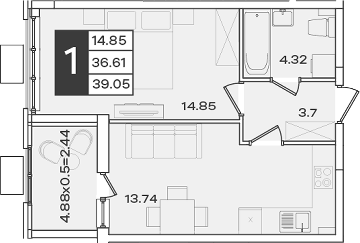 Планировка 1-комнатная 39,05 м²