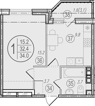 Планировка: 1-комн. квартира 34 м²