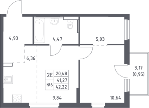 Планировка 2-комнатная 42,22 м²
