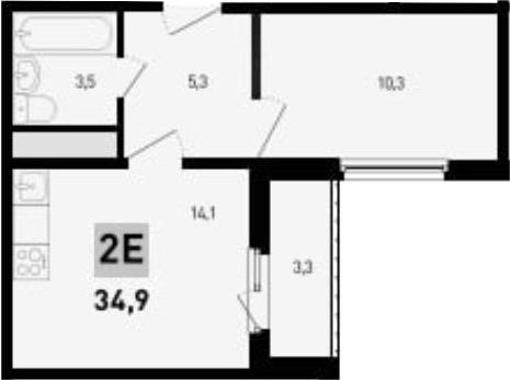 Планировка 2-комнатная 34,9 м²