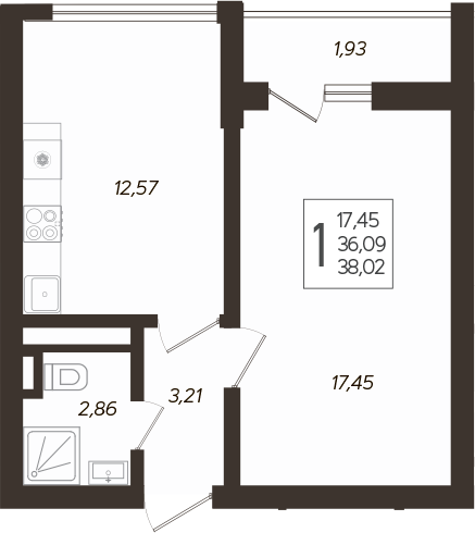 Планировка 1-комнатная 39 м²