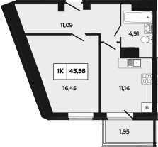 Планировка 1-комнатная 45,56 м²