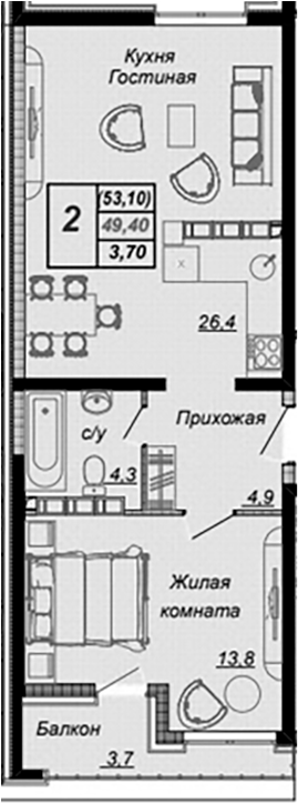 Планировка 1-комнатная 51,1 м²