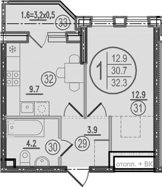 Планировка 1-комнатная 32,3 м²