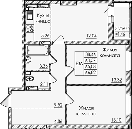 Планировка 3-комнатная 65,03 м²