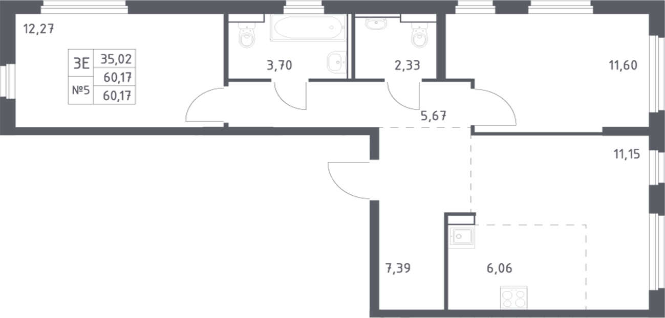 Планировка 3-комнатная 60,17 м²