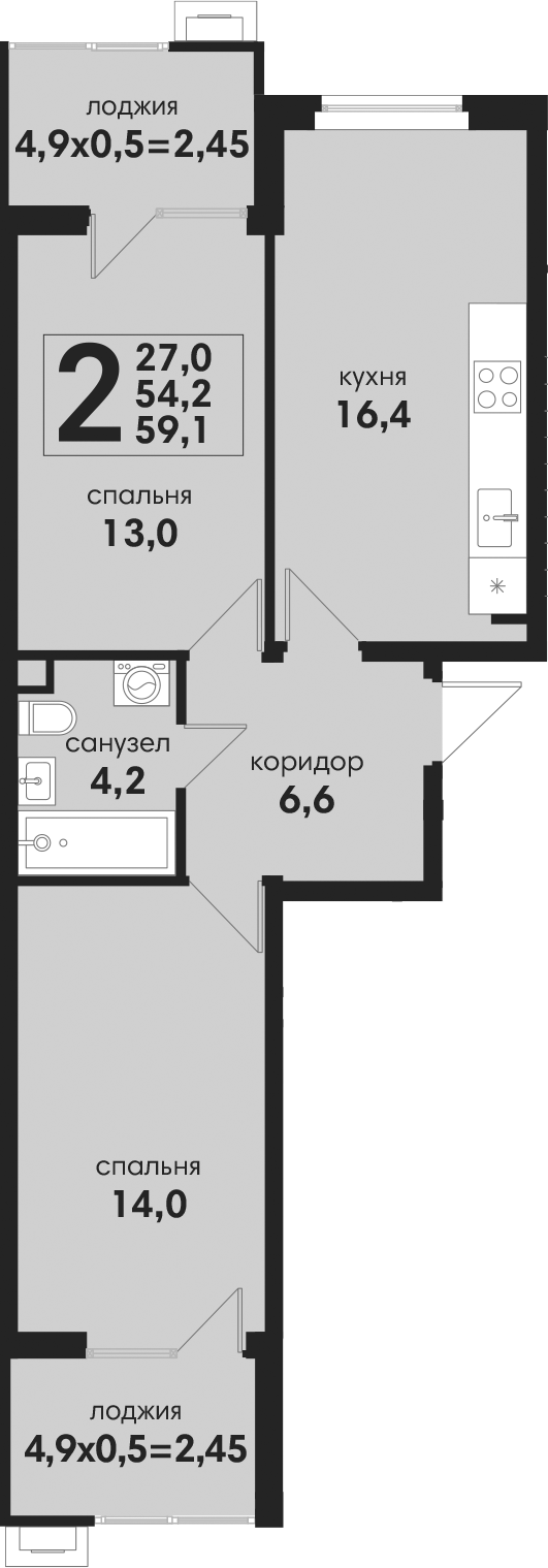 Планировка 3-комнатная 59,1 м²