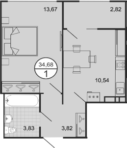 Планировка: 1-комн. квартира 34,7 м²