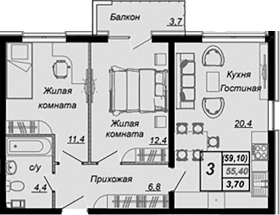 Планировка 2-комнатная 58,3 м²