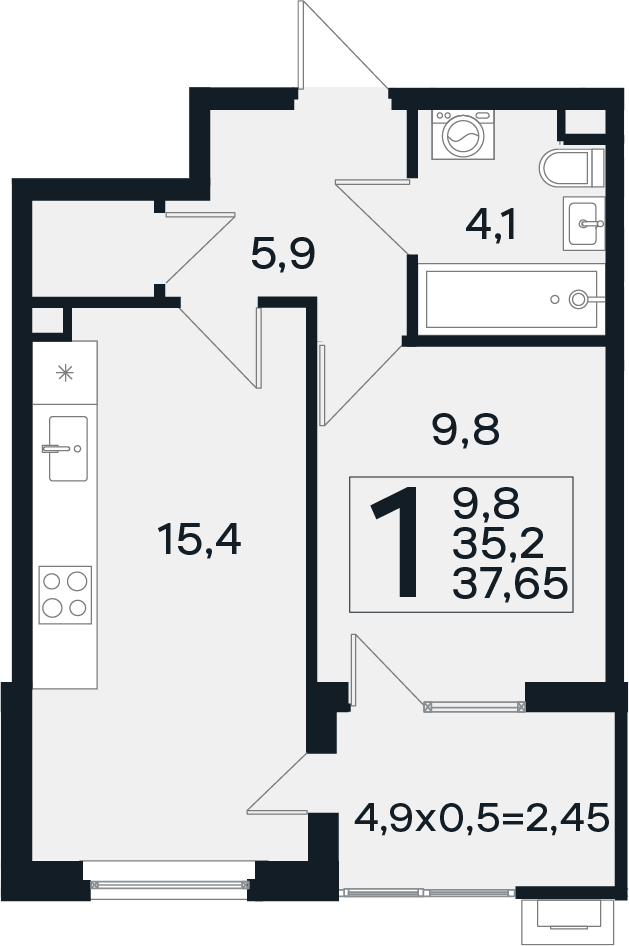 Планировка 1-комнатная 37,65 м²