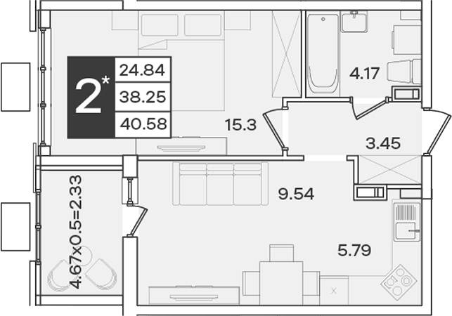 Планировка 2-комнатная 40,58 м²