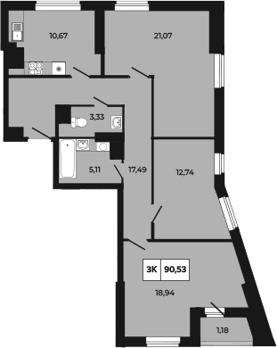 Планировка 3-комнатная 90,53 м²