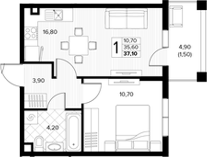 Планировка 2-комнатная 37,1 м²
