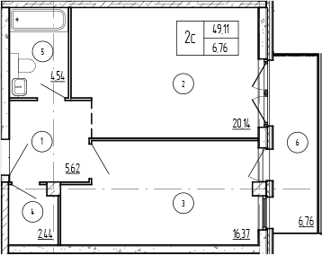 Планировка 1-комнатная 55,87 м²