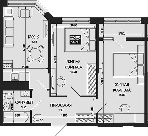 Планировка 2-комнатная 54,5 м²