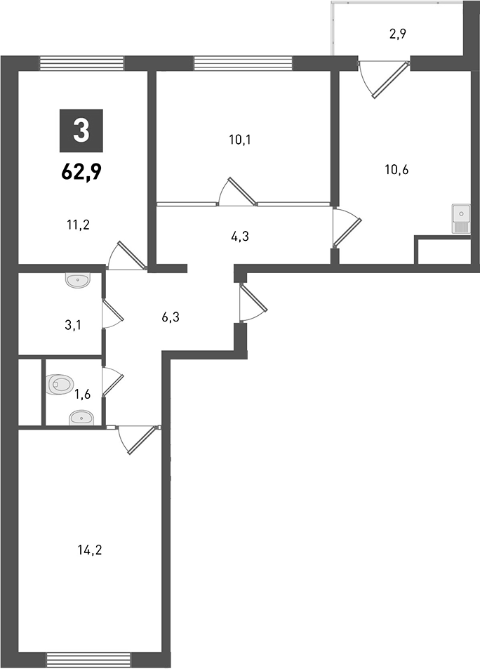 Планировка 3-комнатная 62,9 м²