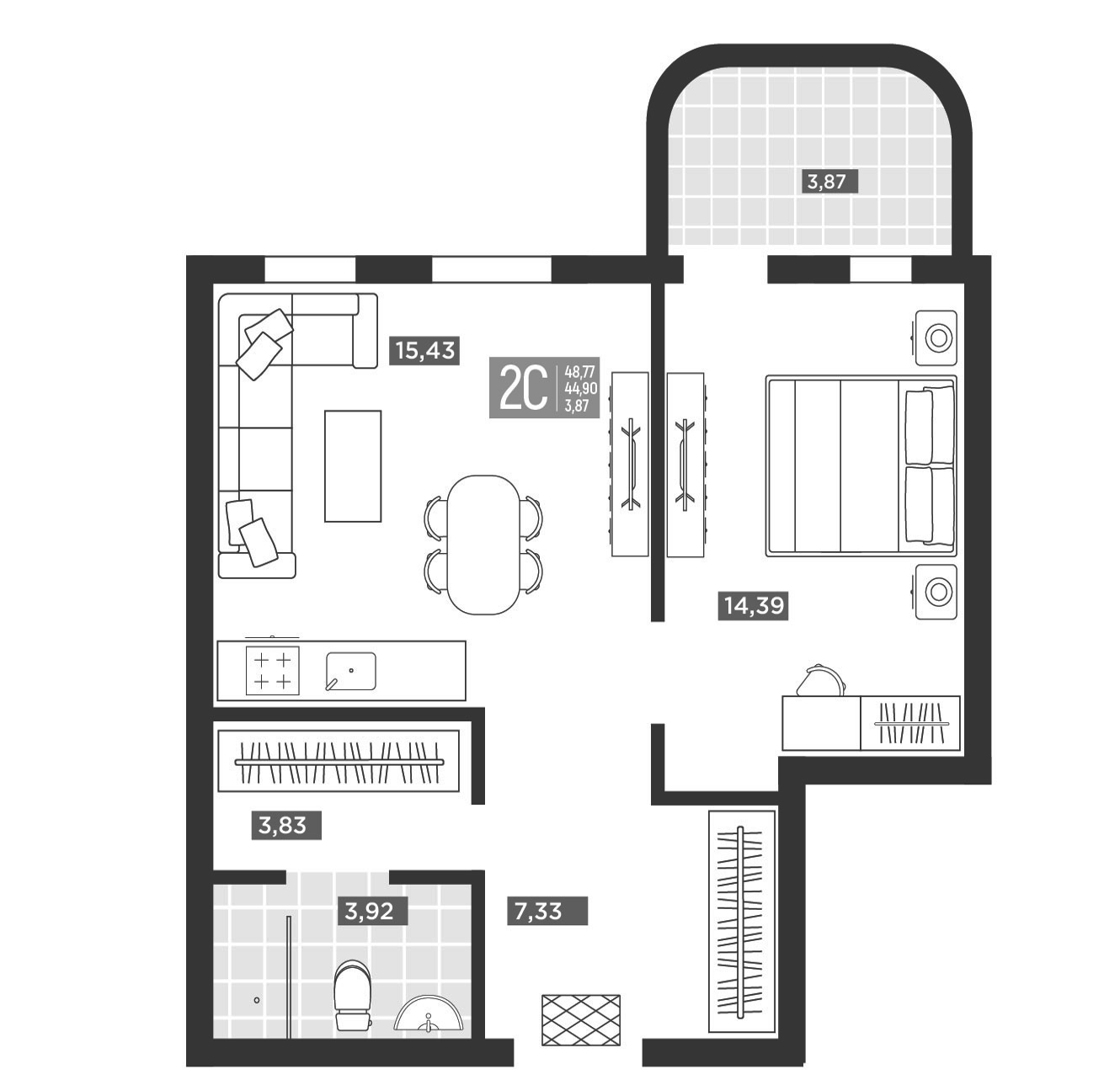 Планировка 2-комнатная 48,77 м²