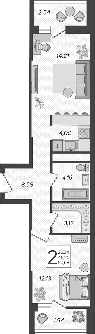 Планировка 2-комнатная 52,3 м²