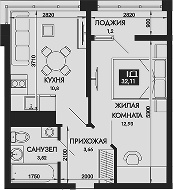 Планировка 1-комнатная 32,11 м²