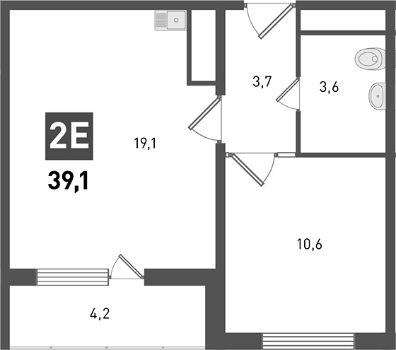 Планировка 2-комнатная 39,1 м²