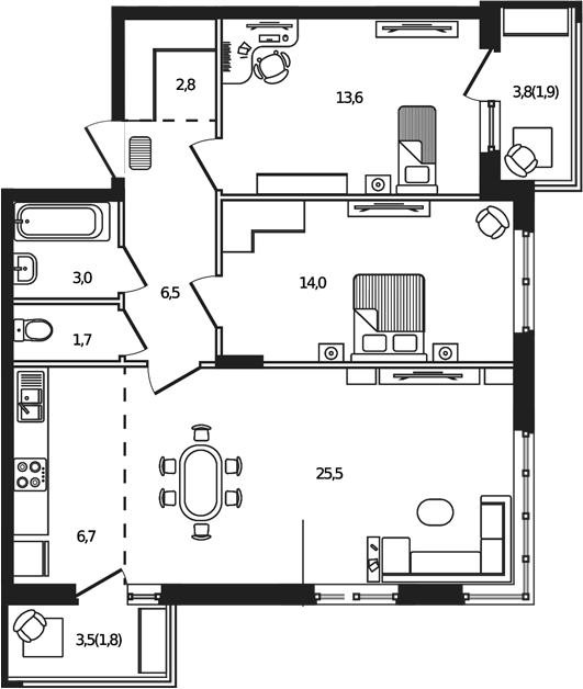 Планировка: 3-комн. квартира 77,5 м²