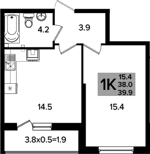 Планировка 1-комнатная 38,85 м²