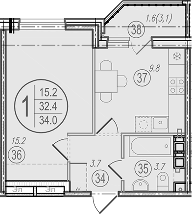 Планировка: 1-комн. квартира 34 м²