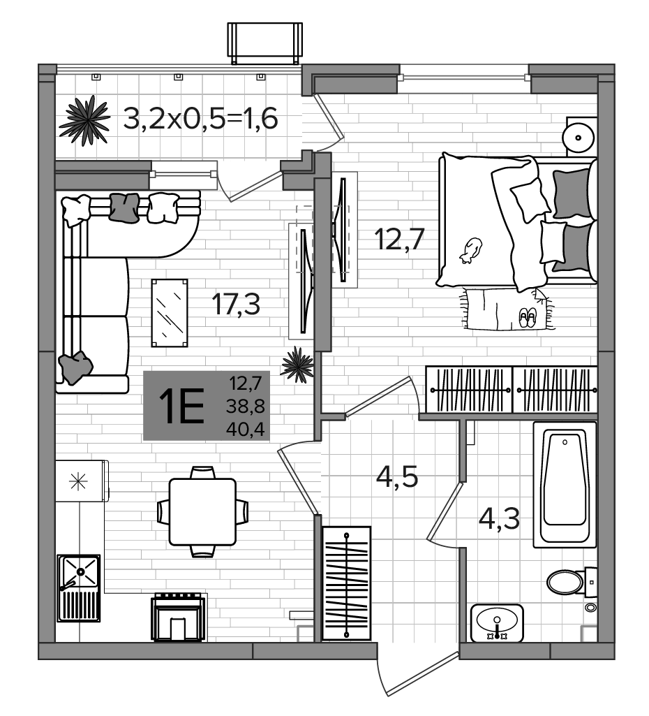 Планировка 2-комнатная 39,95 м²