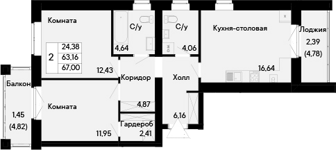 Планировка 3-комнатная 67 м²