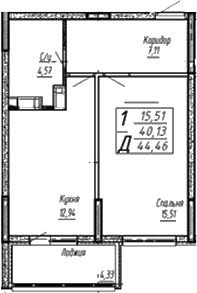 Планировка 1-комнатная 44,35 м²