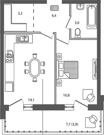 Планировка 1-комнатная 40 м²