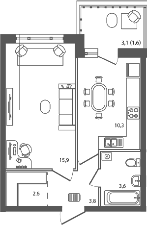 Планировка 1-комнатная 37,8 м²