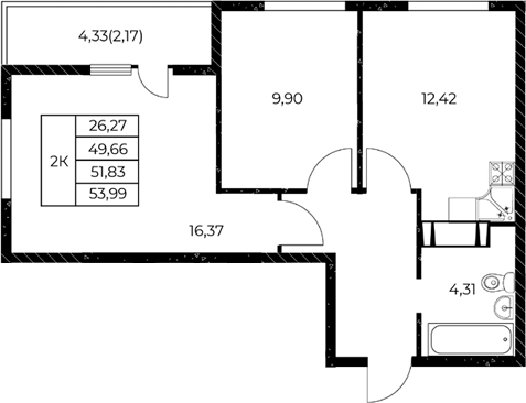 Планировка 2-комнатная 52,7 м²