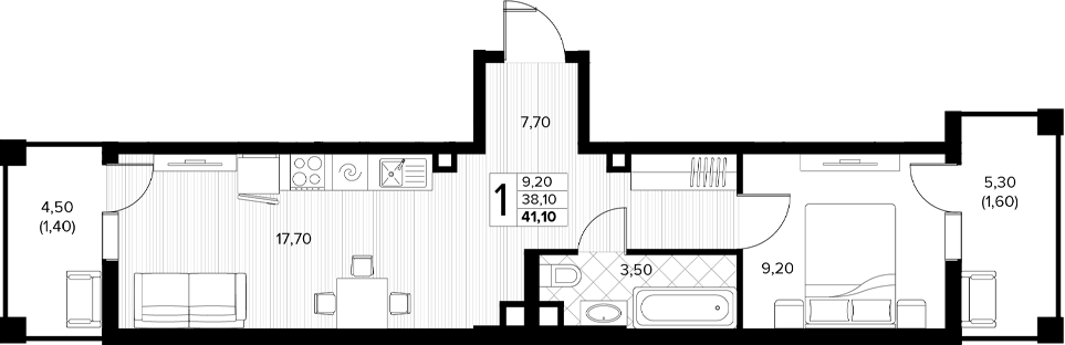 Планировка 1-комнатная 41,1 м²