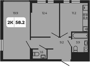 Планировка 2-комнатная 58,2 м²