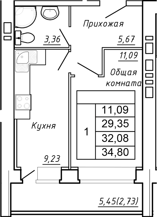 Планировка 1-комнатная 34,8 м²