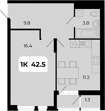 Планировка 1-комнатная 42,5 м²