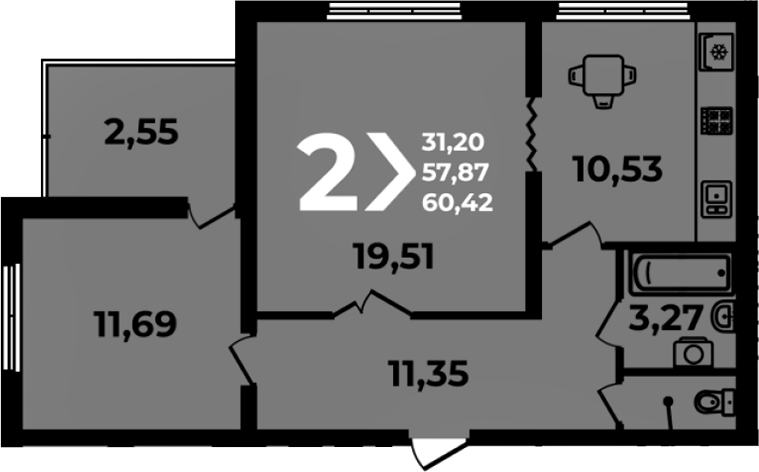 Планировка 2-комнатная 60,42 м²
