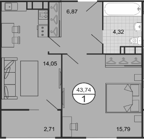 Планировка: 1-комн. квартира 43,7 м²