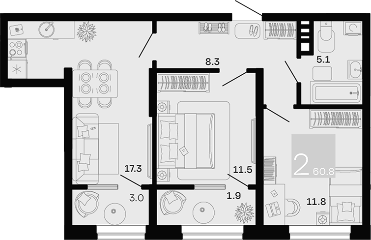 Планировка 2-комнатная 60,8 м²
