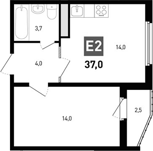 Планировка 2-комнатная 37 м²