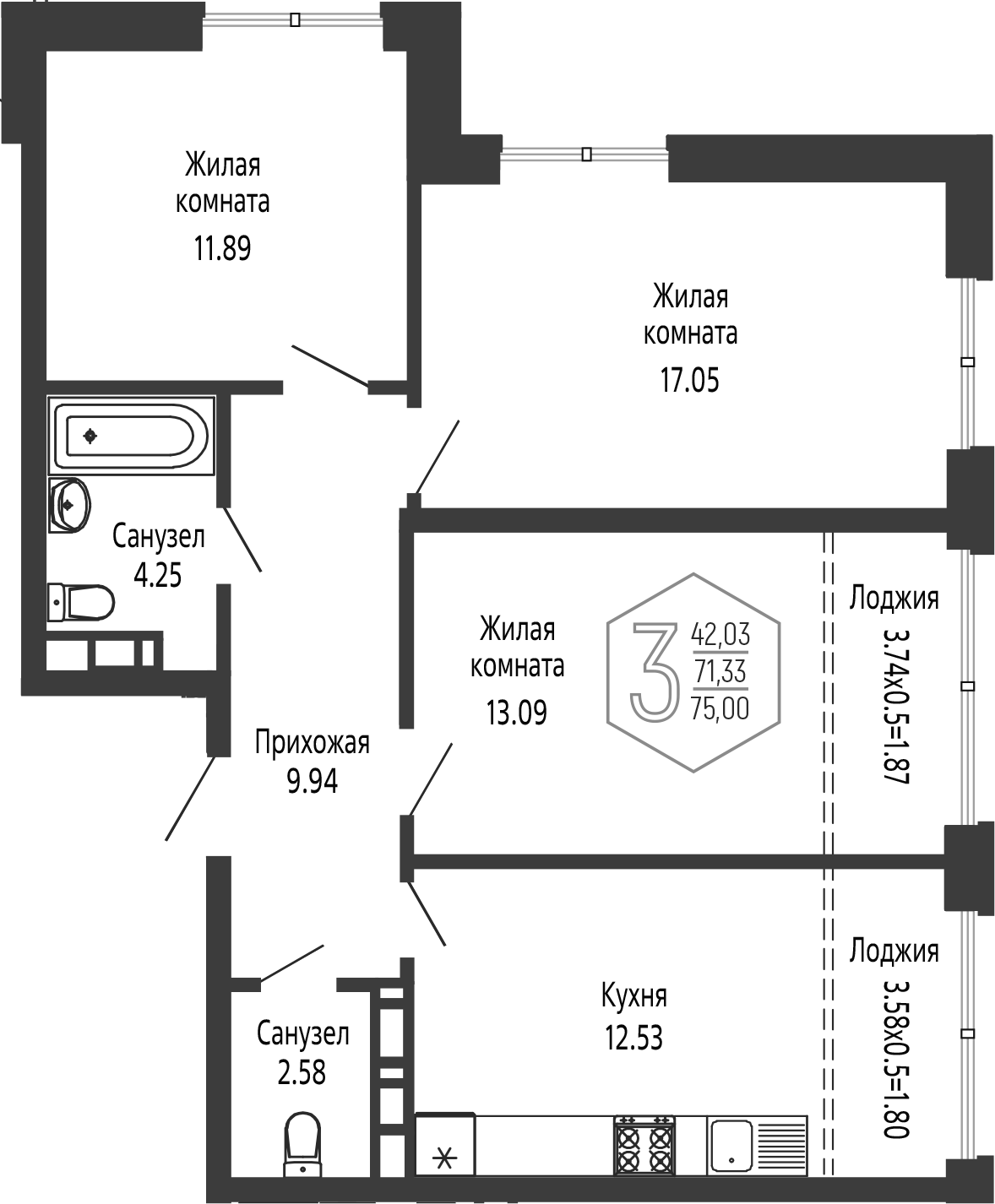 Планировка 3-комнатная 75 м²