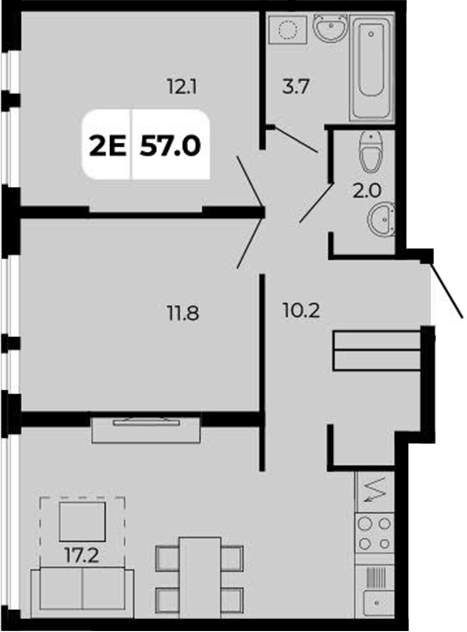 Планировка 3-комнатная 57 м²