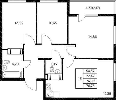 Планировка 3-комнатная 76,75 м²
