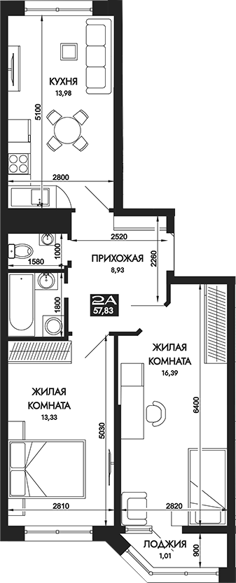 Планировка 2-комнатная 57,83 м²