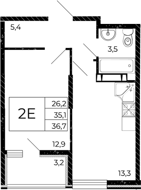 Планировка 2-комнатная 36,7 м²