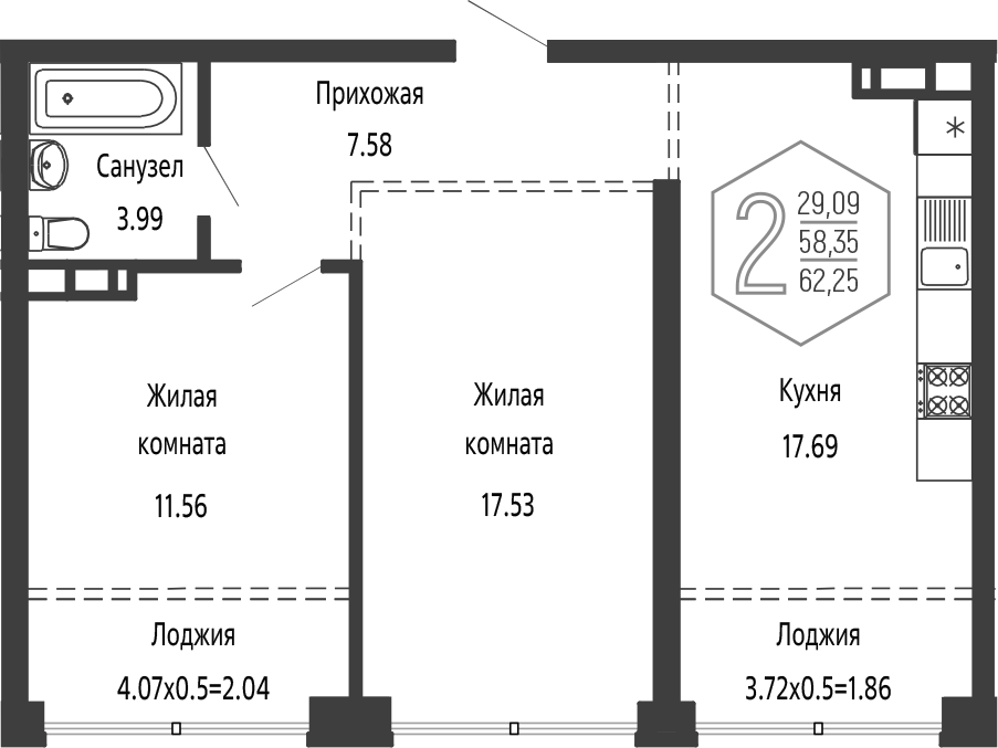 Планировка 3-комнатная 62,25 м²